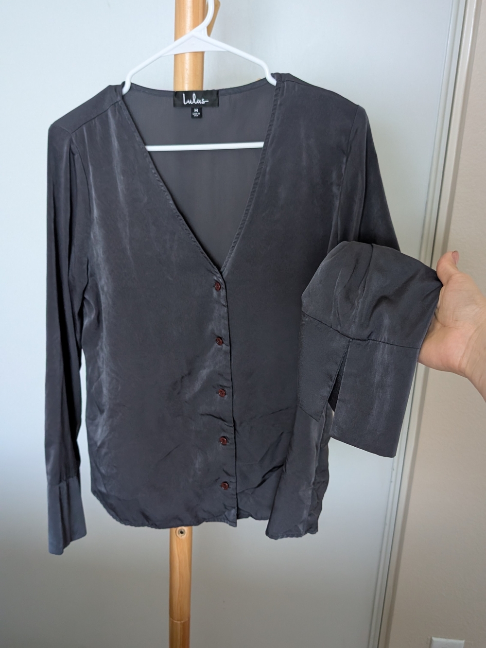 Lulu's Charcoal Gray Button-Front Blouse